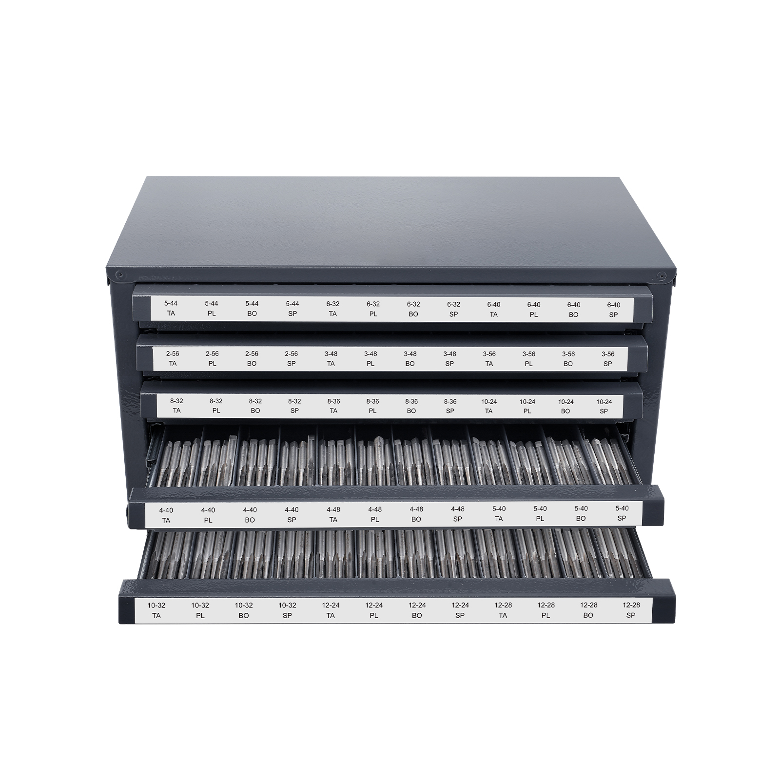 Industrial Steel Tap Dispenser Cabinet - 5-Drawer Stackable Tool Organizer with Labeled Compartments for #2-56 to #12-28 Taps