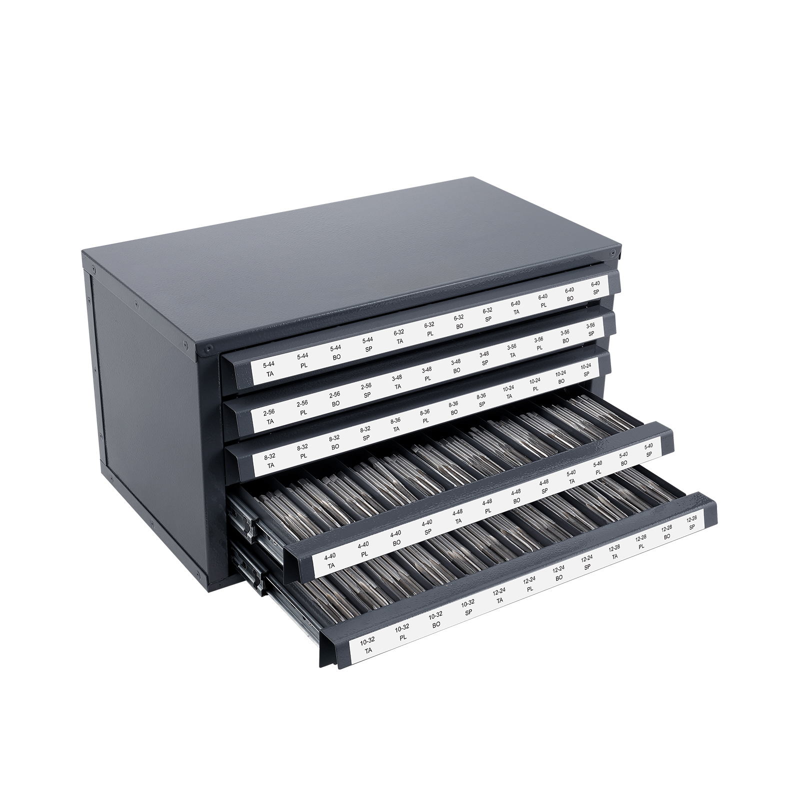 Industrial Steel Tap Dispenser Cabinet - 5-Drawer Stackable Tool Organizer with Labeled Compartments for #2-56 to #12-28 Taps