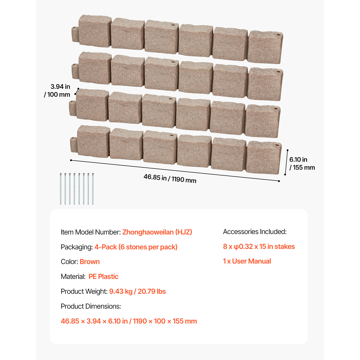 46.8" Brown Faux Stone Landscape Edging Kit - Realistic No-Dig Lawn Border with Anchors