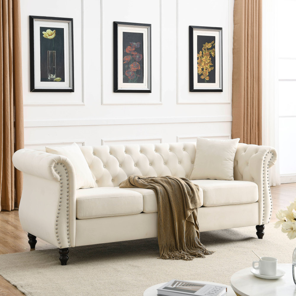 Elegant Beige Velvet Chesterfield Sofa Set with Nailhead Trim - Classic Tufted Living Room Furniture Collection