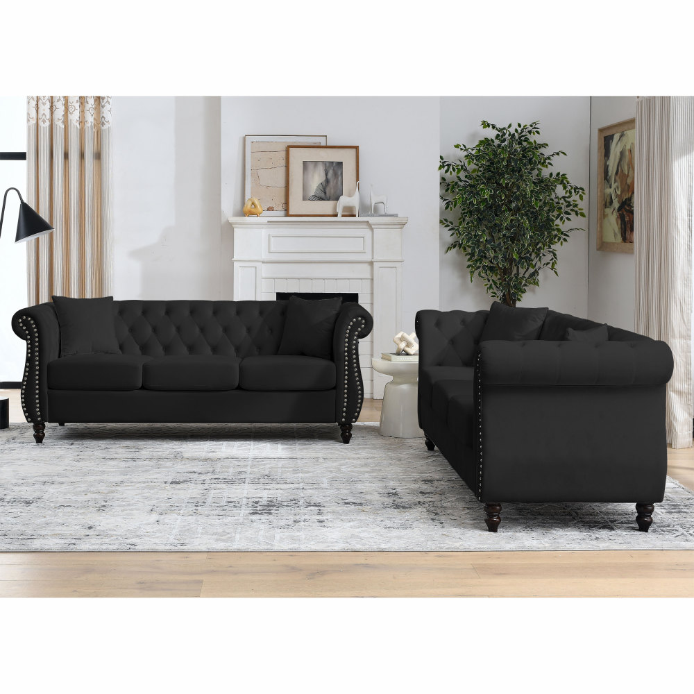 80" Black Velvet Chesterfield Sofa Set - Tufted Rolled Arm Couch with Nailhead Trim for Living Room & Office