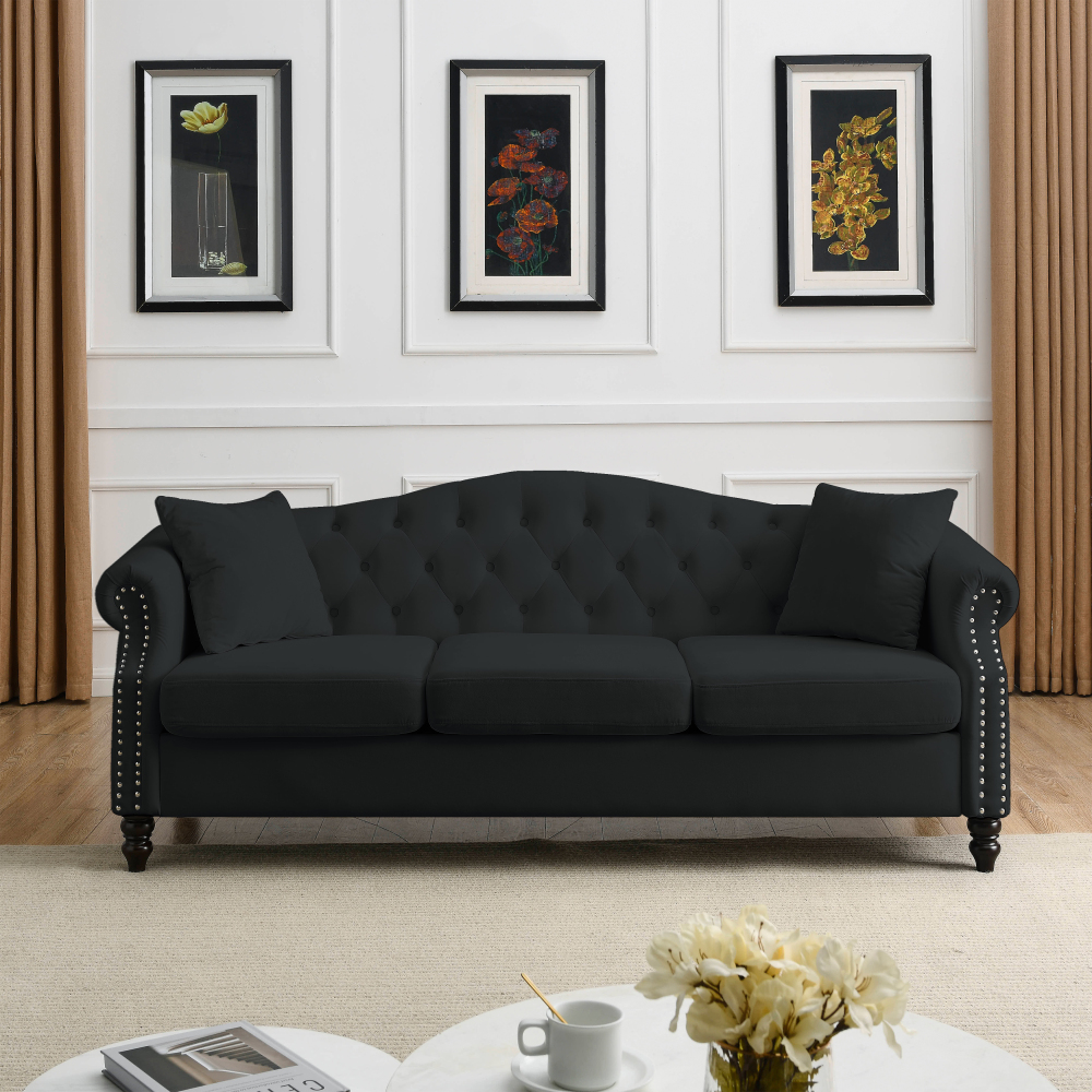 79" Black Velvet Chesterfield Sofa, Tufted 3-Seater Couch with Rolled Arms & Nailhead Trim for Living Room