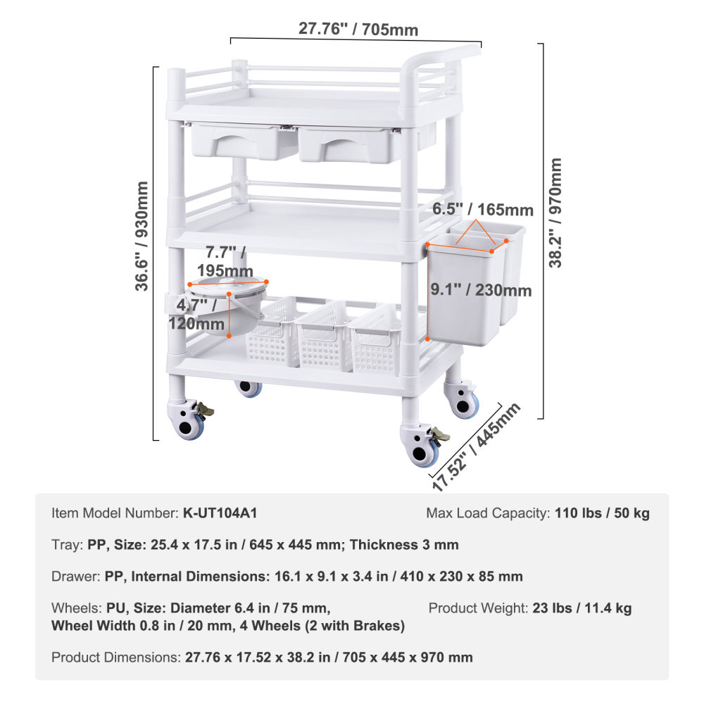 3-Tier Mobile Medical Cart with Drawers & Bins - Heavy Duty Lab Rolling Utility Trolley for Clinic, Salon & Office