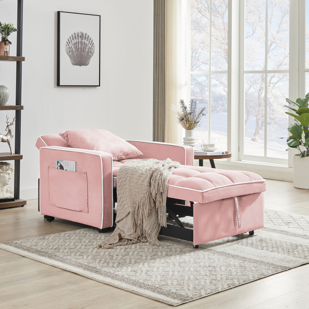 Pink Velvet Convertible Sleeper Chair with Adjustable Back & Storage Pocket - Modern Folding Sofa Bed for Small Spaces