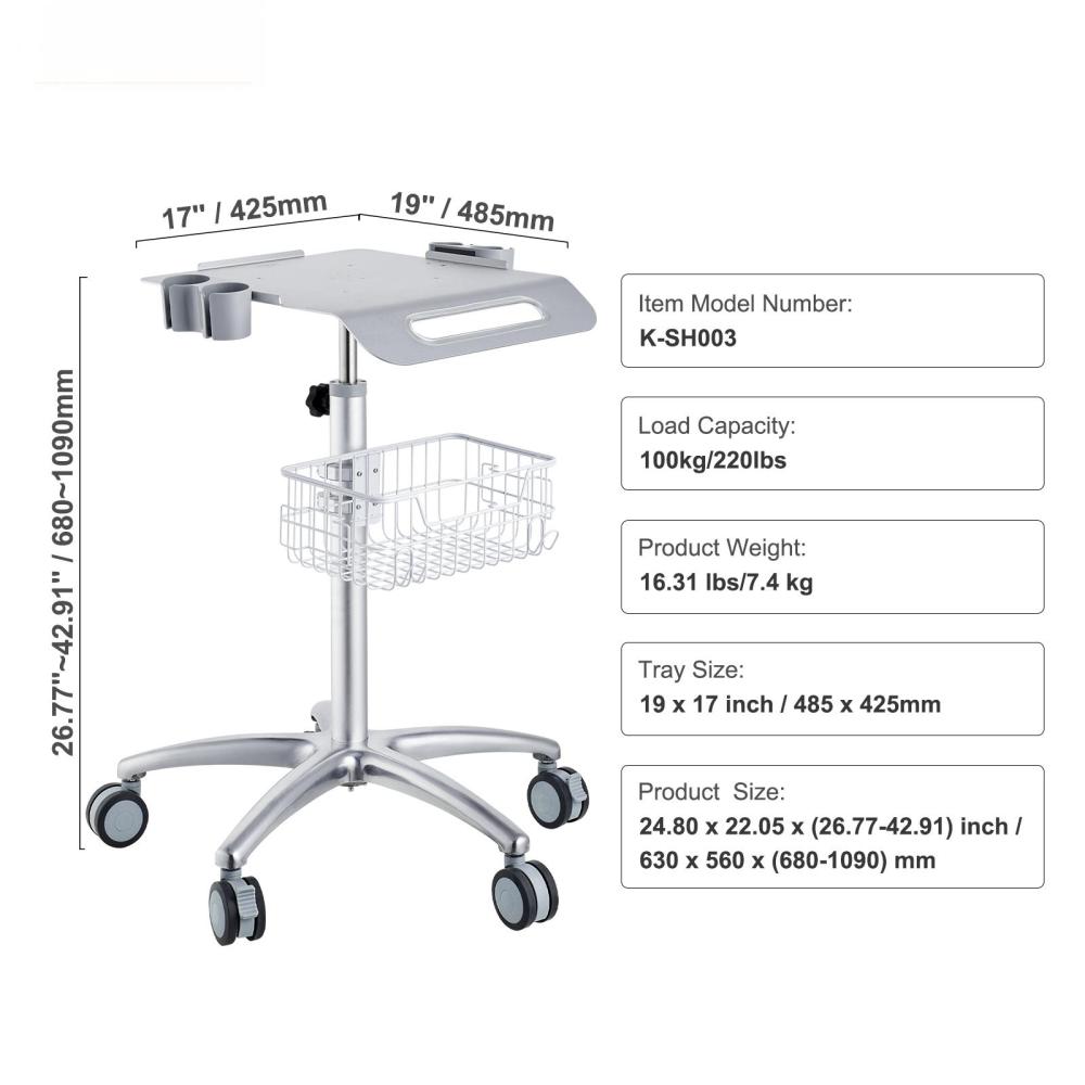 Height Adjustable Medical Cart with Wheels - Rolling Salon Station & Mobile Lab Trolley for Clinic, Beauty, and Spa
