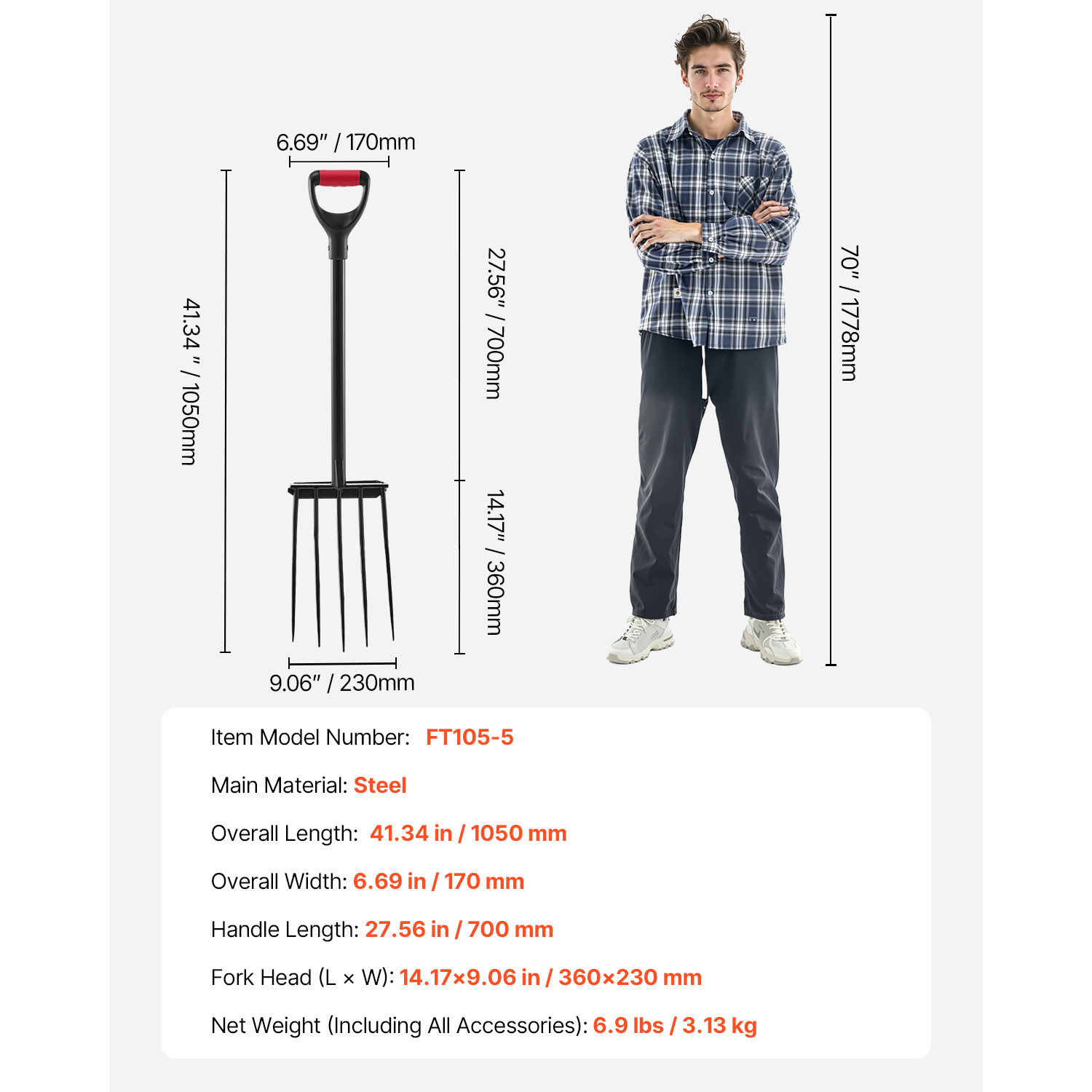 5 Tines Heavy Duty Garden Fork - 41 Inch Metal Handle Spading Pitchfork with Ergonomic Y Grip for Soil Aeration & Digging
