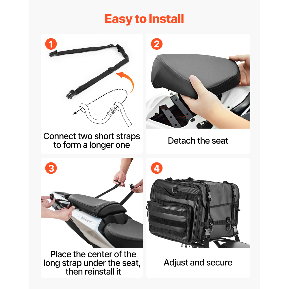 40-60L Expandable Motorcycle Tail Bag - Waterproof Rear Seat Luggage with Rain Cover & Shoulder Straps for Touring, Cruiser & Dirt Bikes