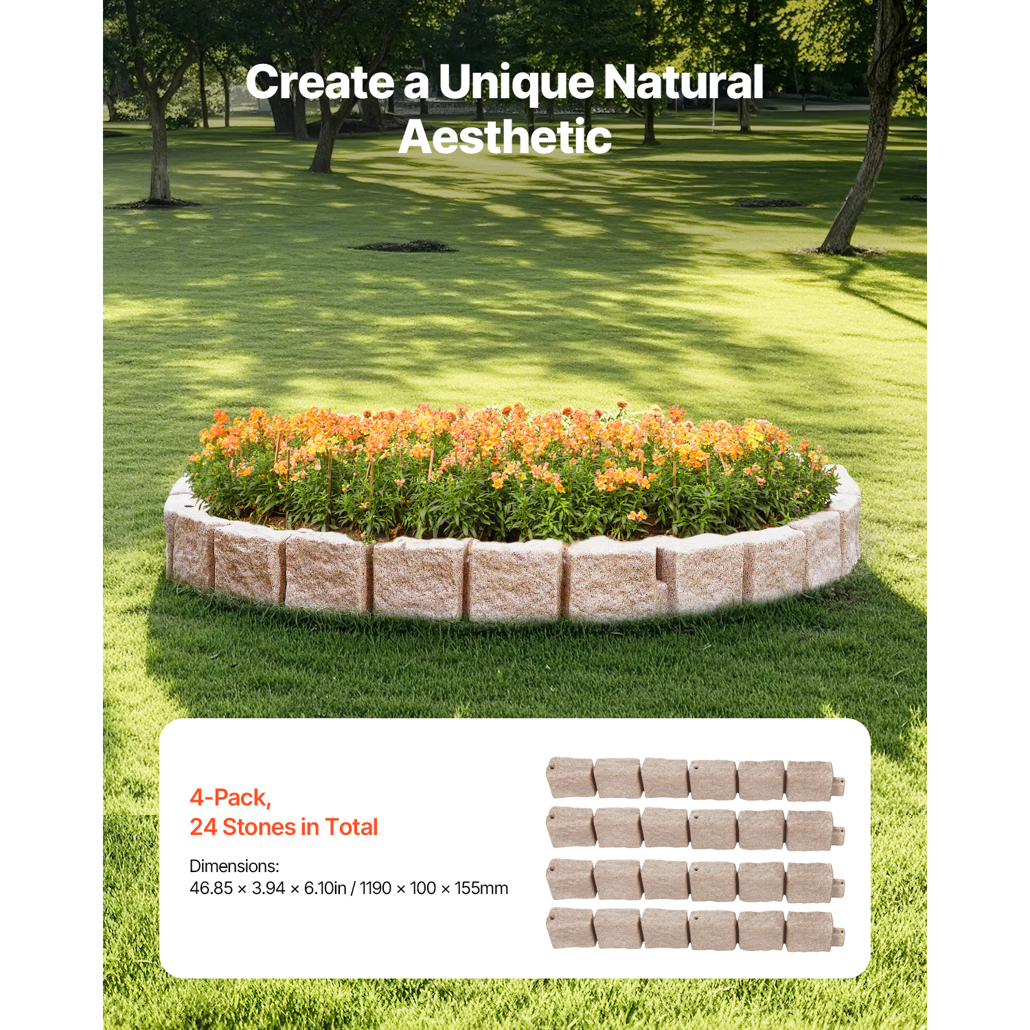 46.8" Brown Faux Stone Landscape Edging Kit - Realistic No-Dig Lawn Border with Anchors
