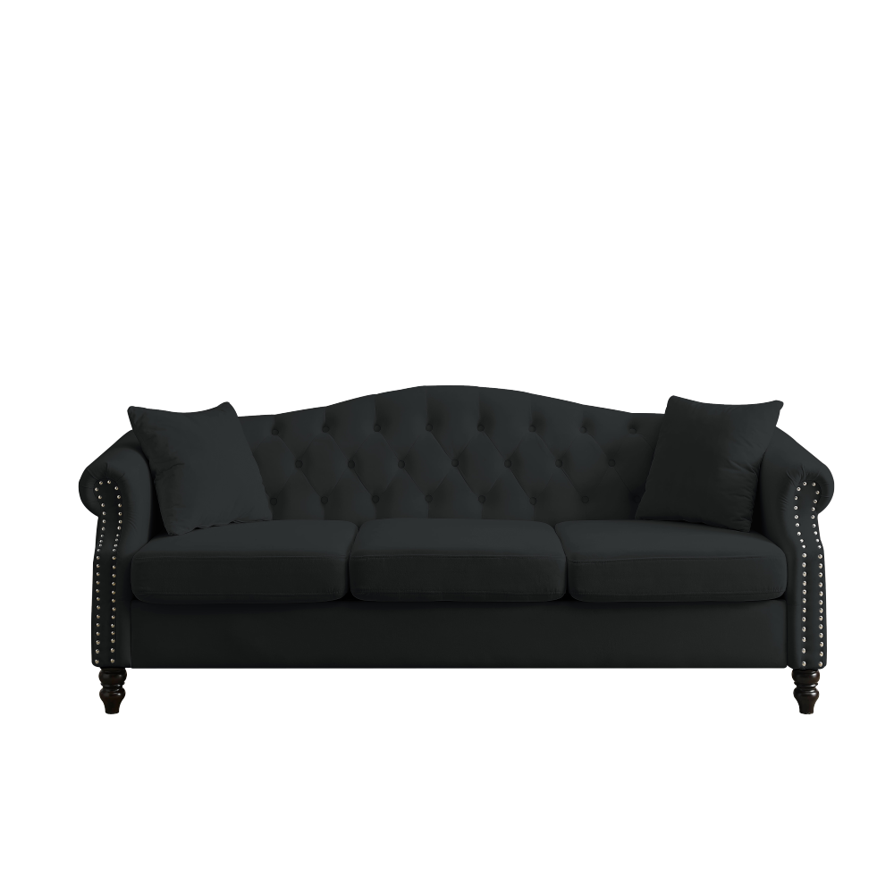 79" Black Velvet Chesterfield Sofa - 3 Seater Tufted Couch with Rolled Arms & Nailhead Trim for Living Room