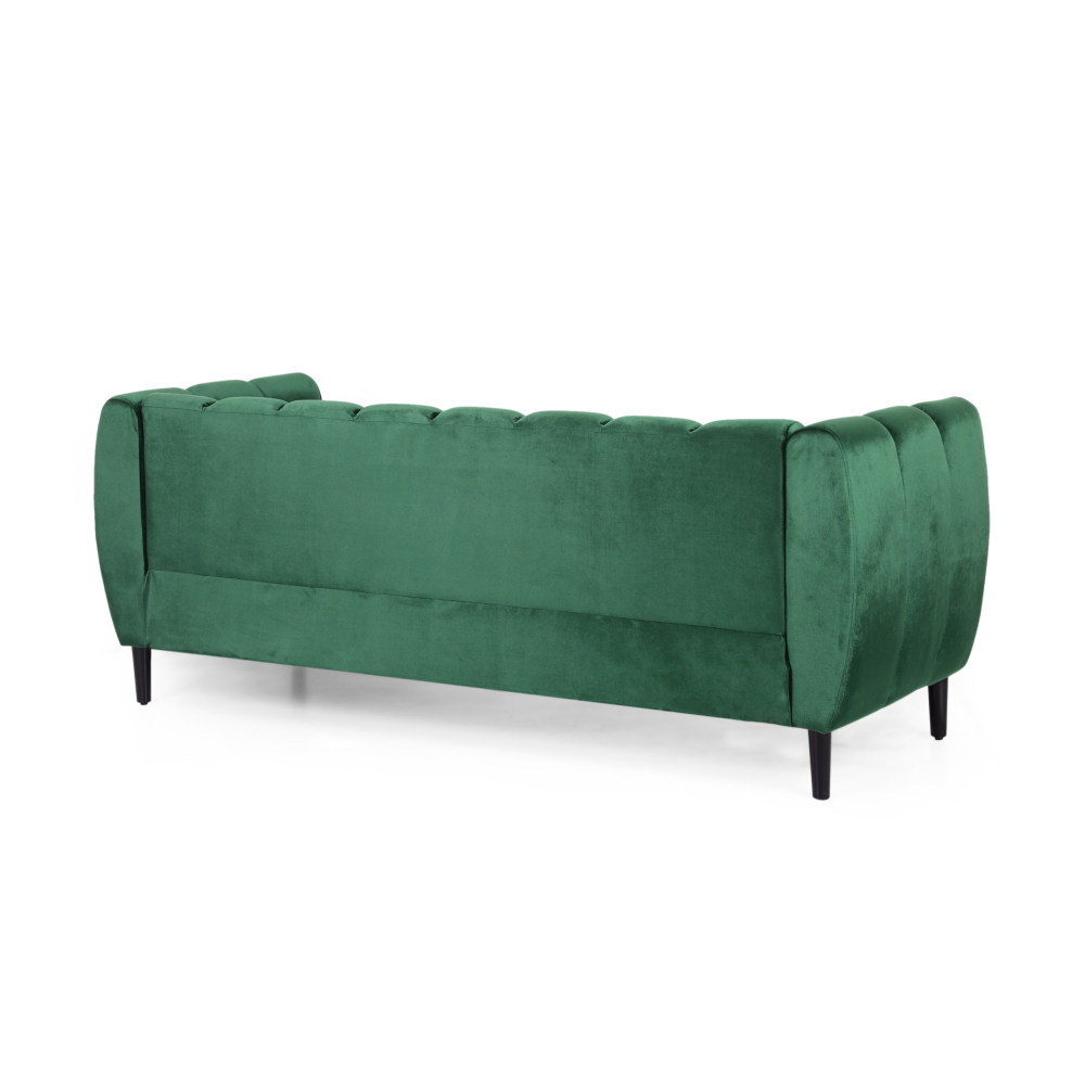 Miranda Emerald Velvet 3-Seater Sofa with Channel Stitching & Tapered Birch Wood Legs - Modern Glam Living Room Furniture