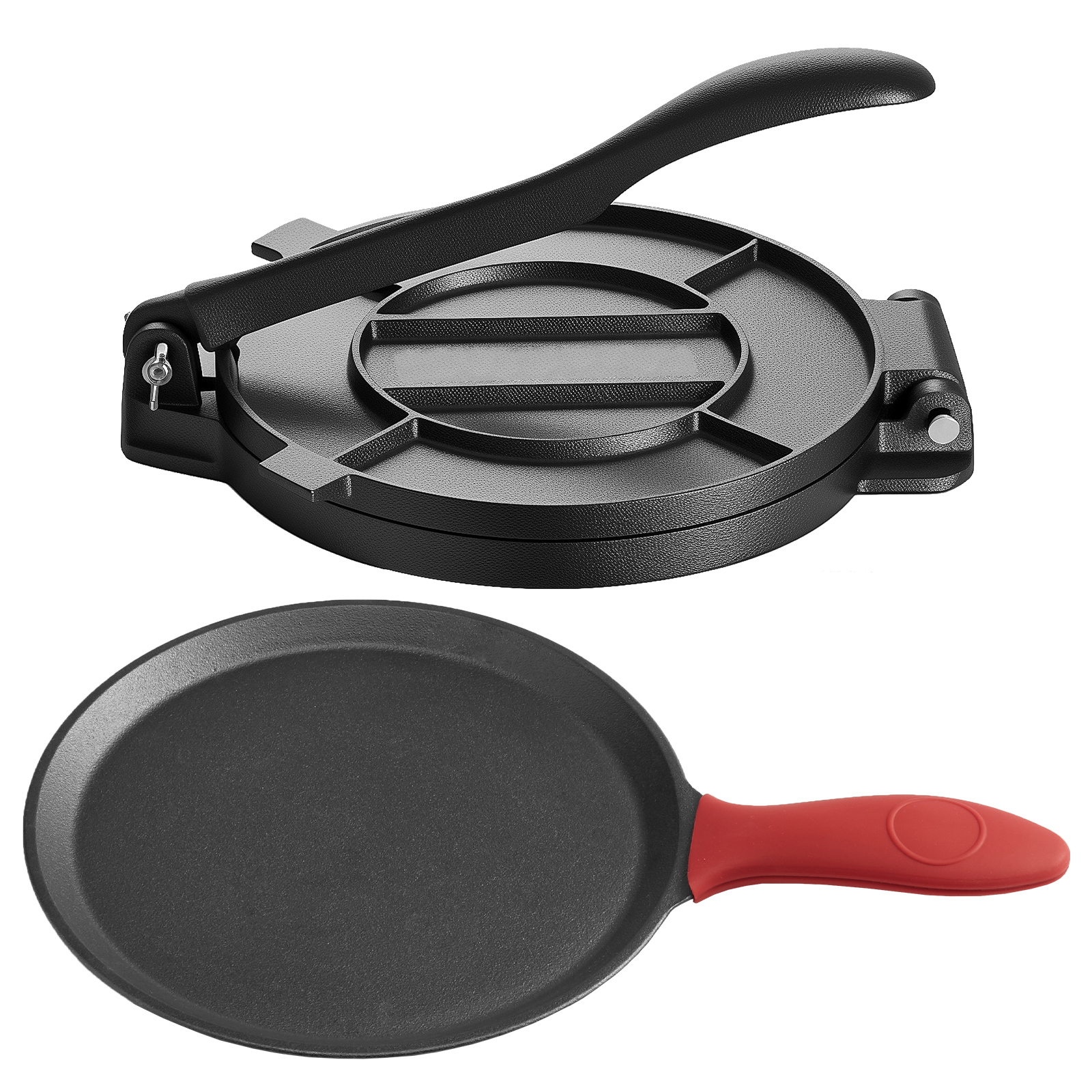 10-Inch Heavy Duty Cast Iron Tortilla Press & Flat Frying Pan Set - Non-Stick Roti Maker for Homemade Tacos, Chapati, and Flatbreads