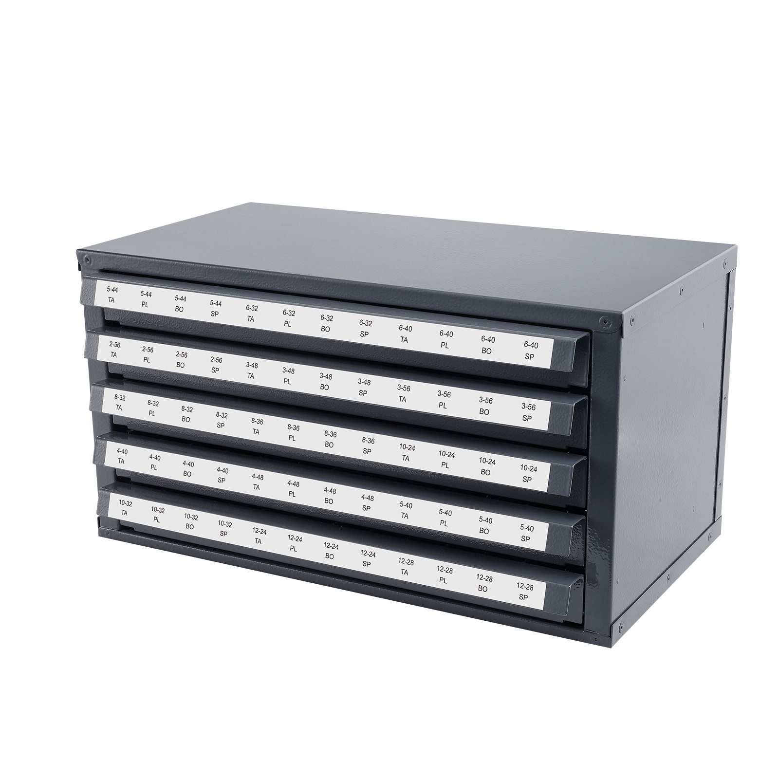Industrial Steel Tap Dispenser Cabinet - 5-Drawer Stackable Tool Organizer with Labeled Compartments for #2-56 to #12-28 Taps