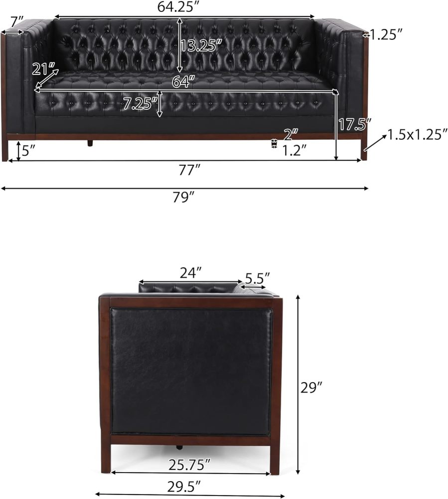 Contemporary Mid-Century Modern Black Leather Sofa with Button Tufted Diamond Stitching & Rubberwood Frame