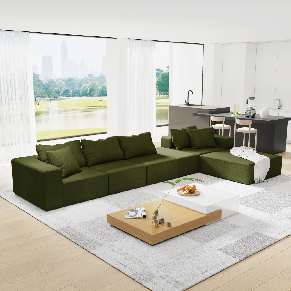Modern Chenille L-Shaped Sectional Sofa Set with Ottoman, Modular 132" Green Upholstered Couch for Living Room