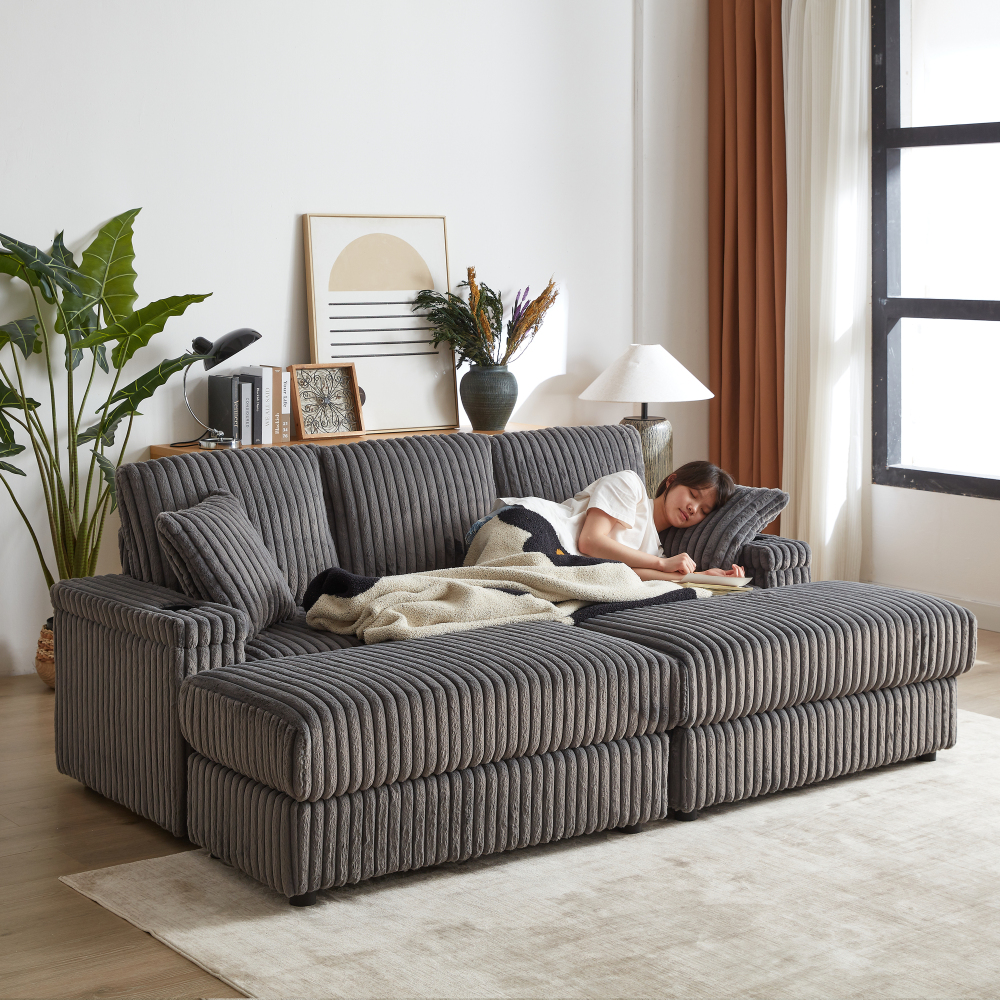 84" Corduroy Sectional Sofa with Ottoman & Storage, Deep Seat 3-Seater Couch for Living Room