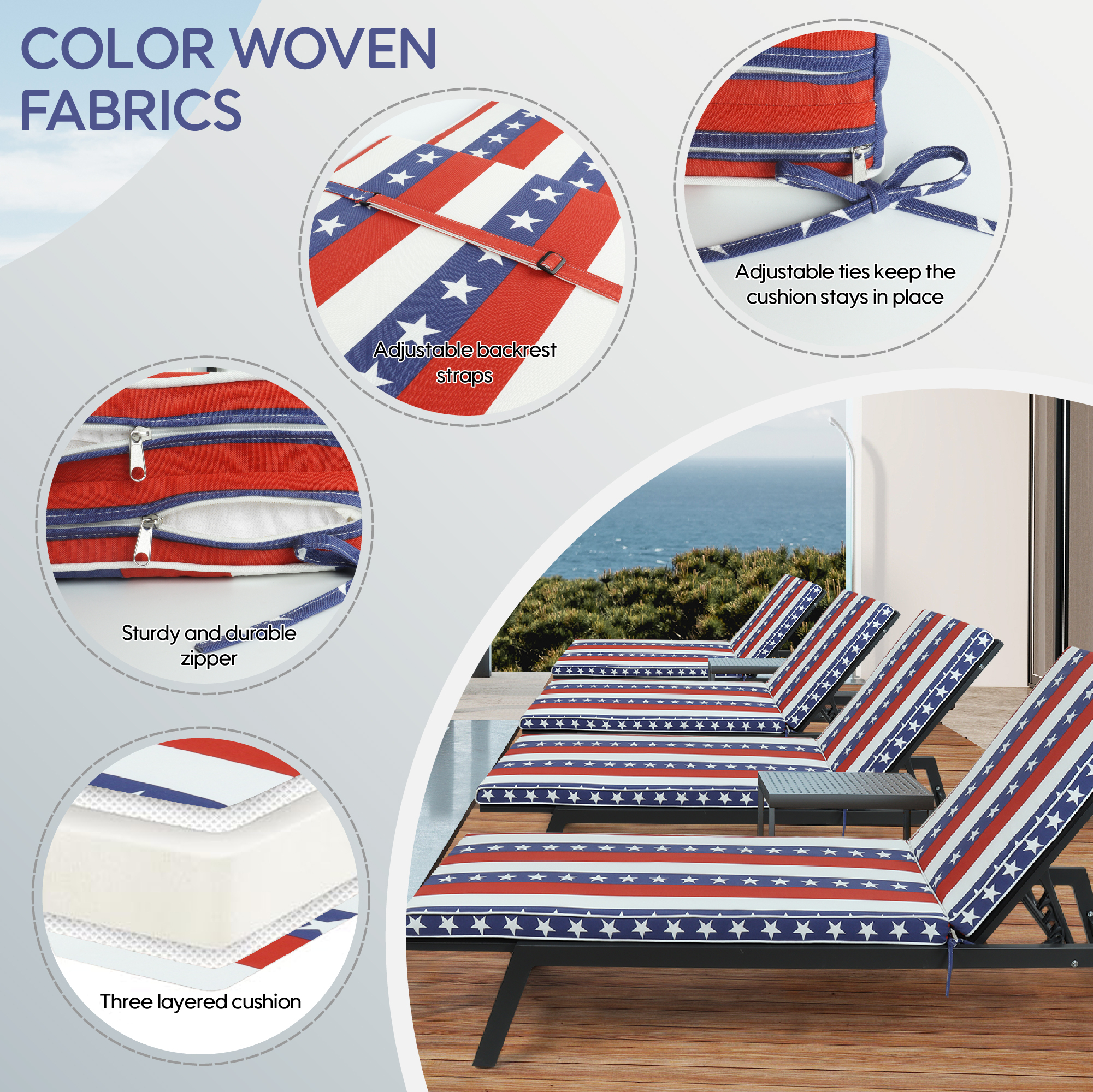 2PCS Set Patriotic Flag Outdoor Chaise Lounge Cushions - UV Resistant Patio Seat Pads with Adjustable Ties