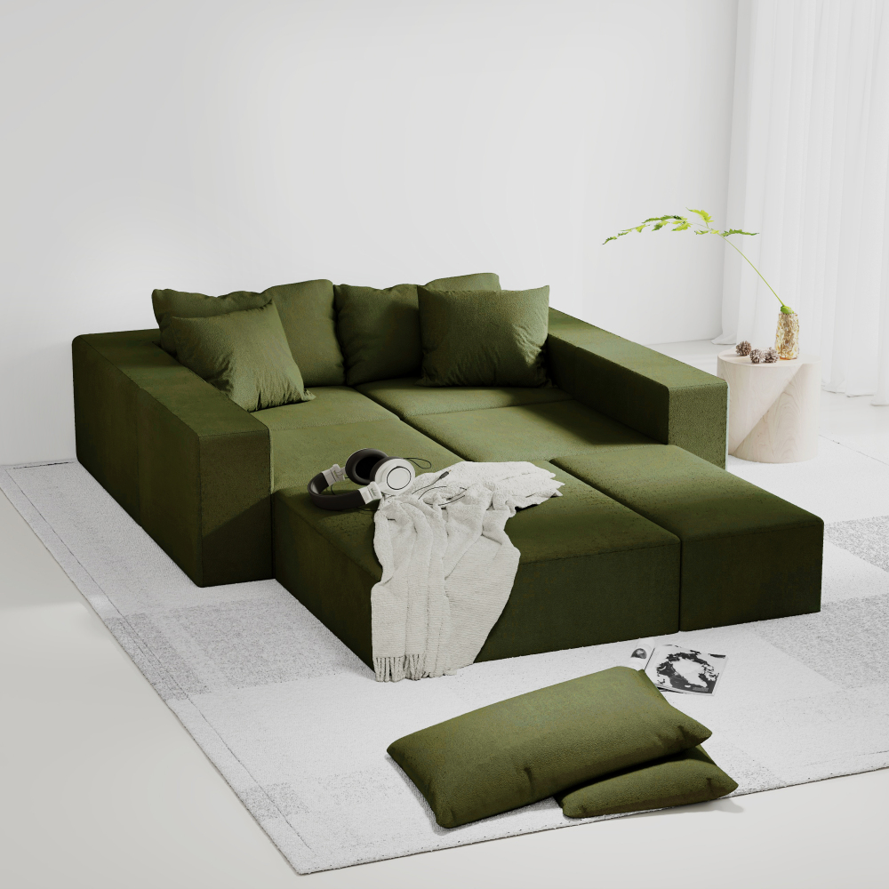 Modern Chenille L-Shaped Sectional Sofa Set with Ottoman, Modular 132" Green Upholstered Couch for Living Room