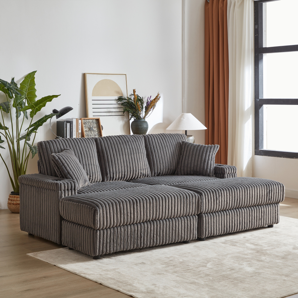 84" Corduroy Sectional Sofa with Ottoman & Storage, Deep Seat 3-Seater Couch for Living Room