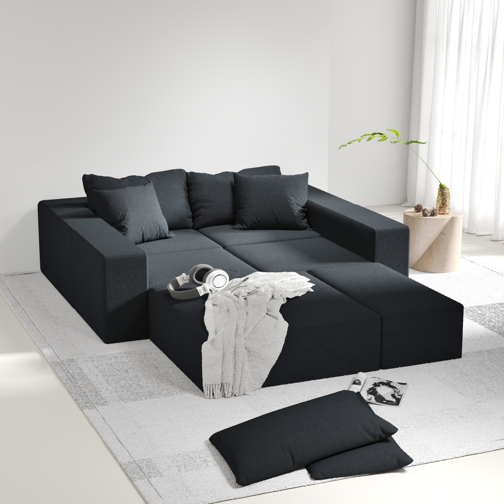 Modern Chenille L-Shaped Sectional Sofa with Ottoman - Modular Black Living Room Couch Set with Pillows
