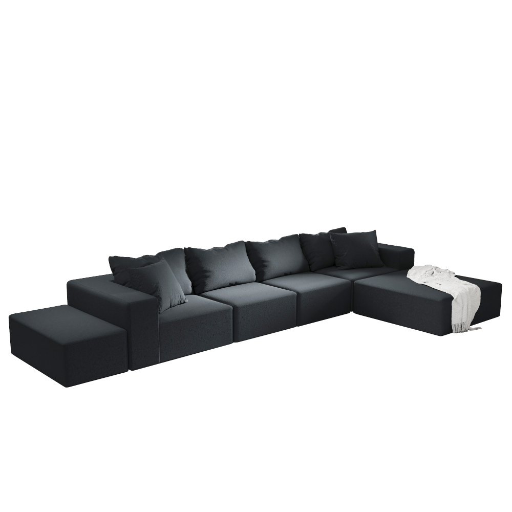 Modern Chenille L-Shaped Sectional Sofa with Ottoman - Modular Black Living Room Couch Set with Pillows