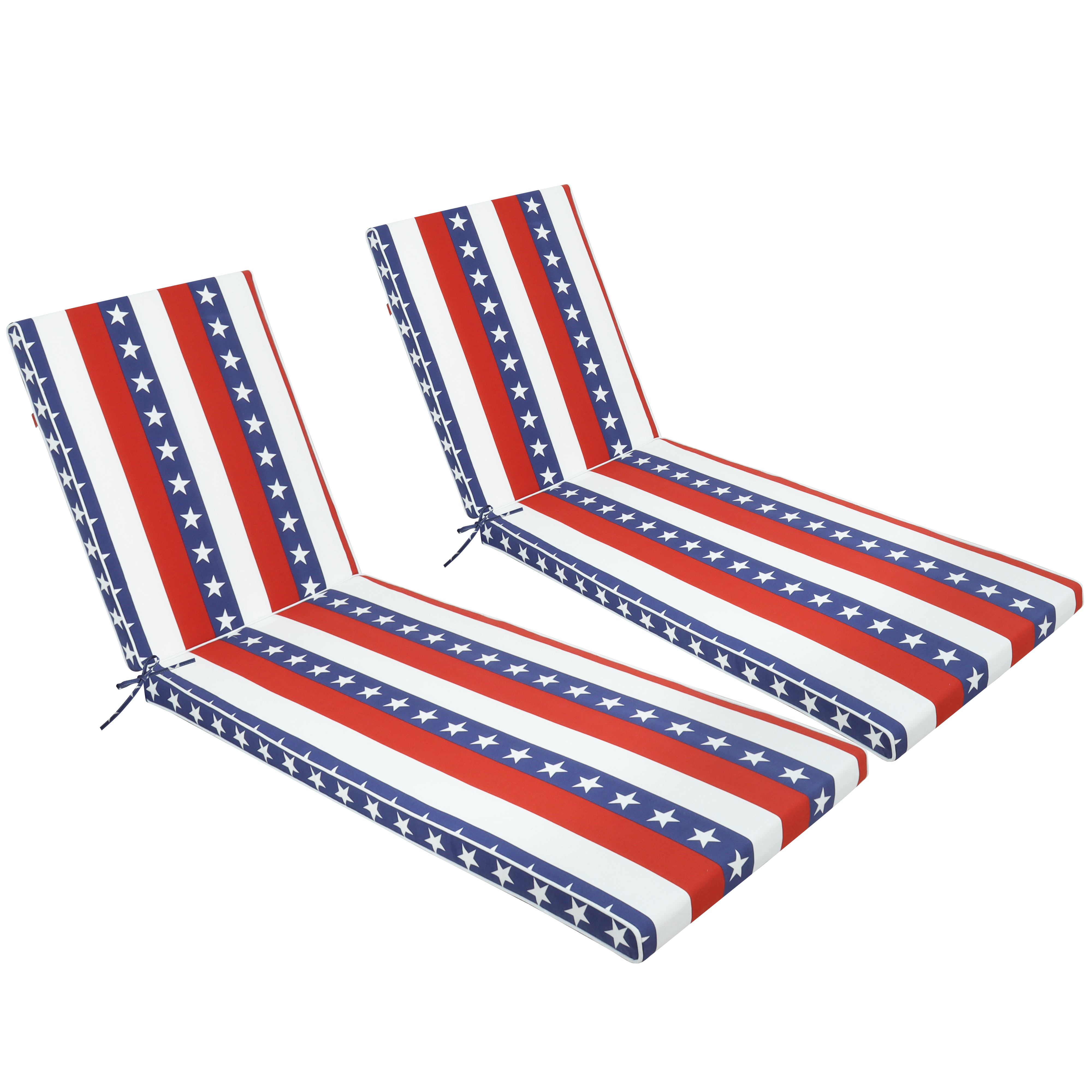 2PCS Set Patriotic Flag Outdoor Chaise Lounge Cushions - UV Resistant Patio Seat Pads with Adjustable Ties