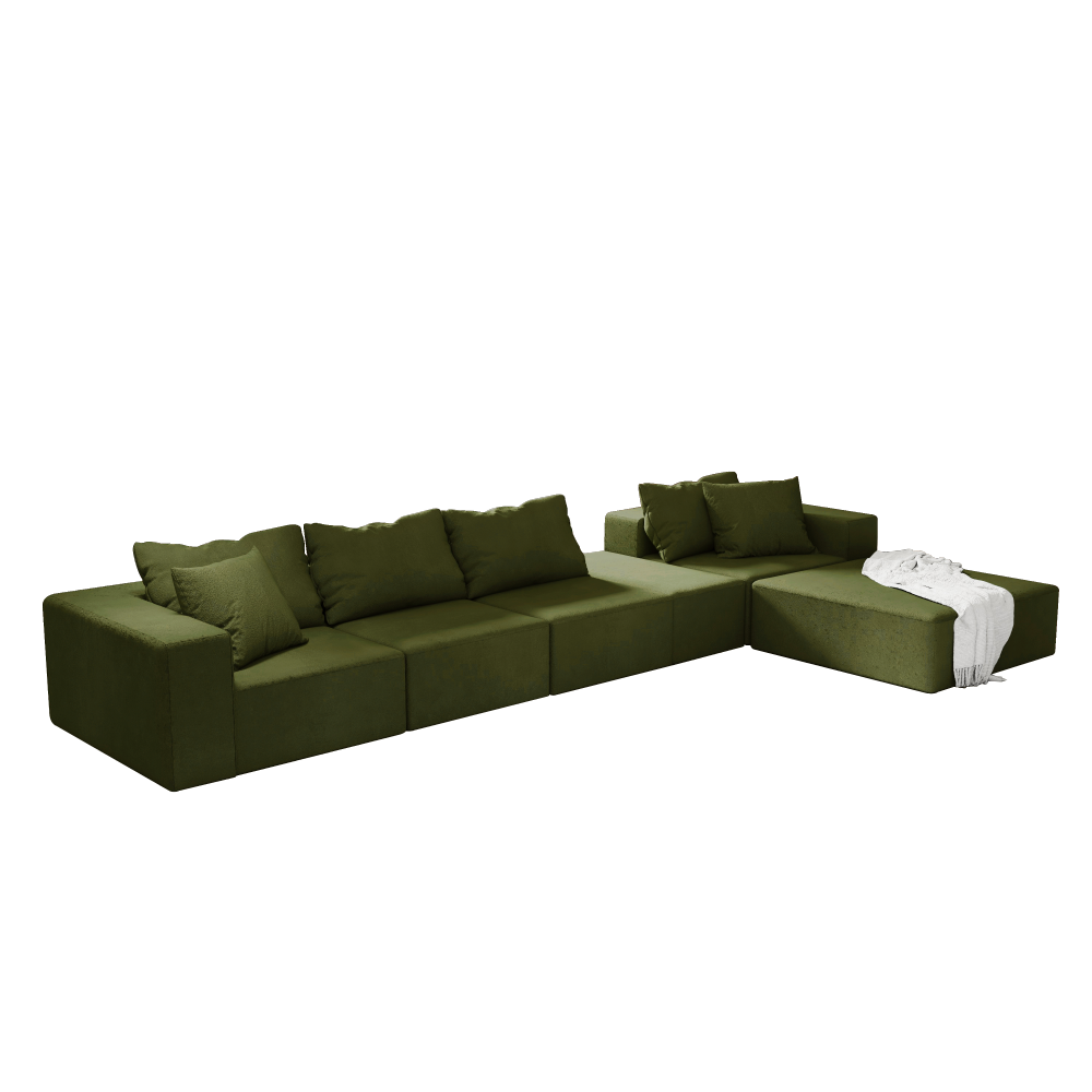 Modern Chenille L-Shaped Sectional Sofa Set with Ottoman, Modular 132" Green Upholstered Couch for Living Room