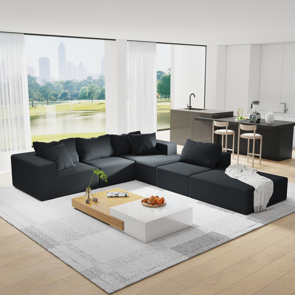 Modern Chenille L-Shaped Sectional Sofa with Ottoman - Modular Black Living Room Couch Set with Pillows