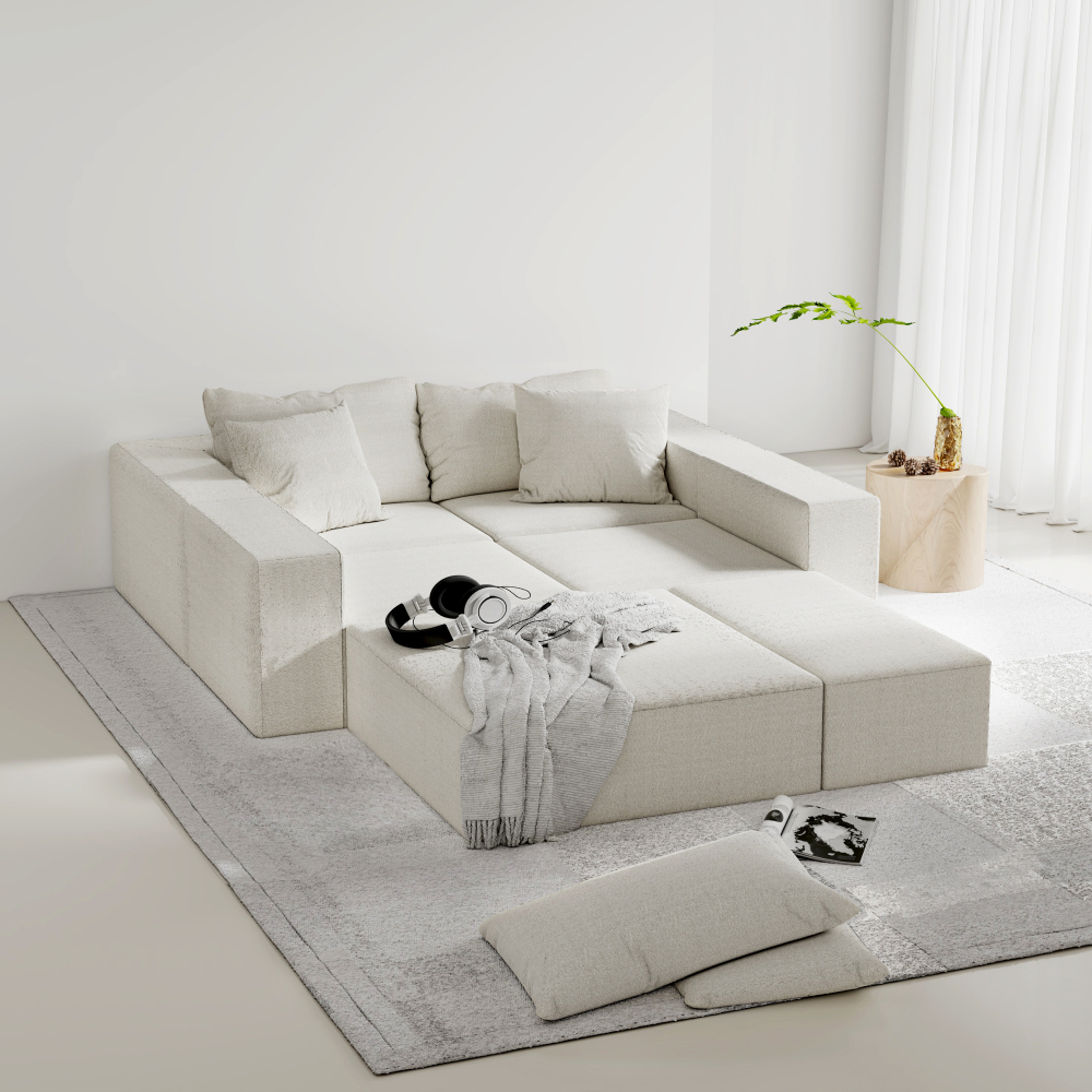 Modern Modular Chenille Sectional Sofa Set, 132" L-Shaped Living Room Couch with 6 Pillows & No Assembly Required
