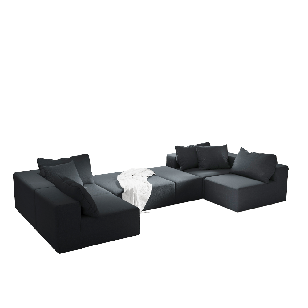 Modern Chenille L-Shaped Sectional Sofa with Ottoman - Modular Black Living Room Couch Set with Pillows