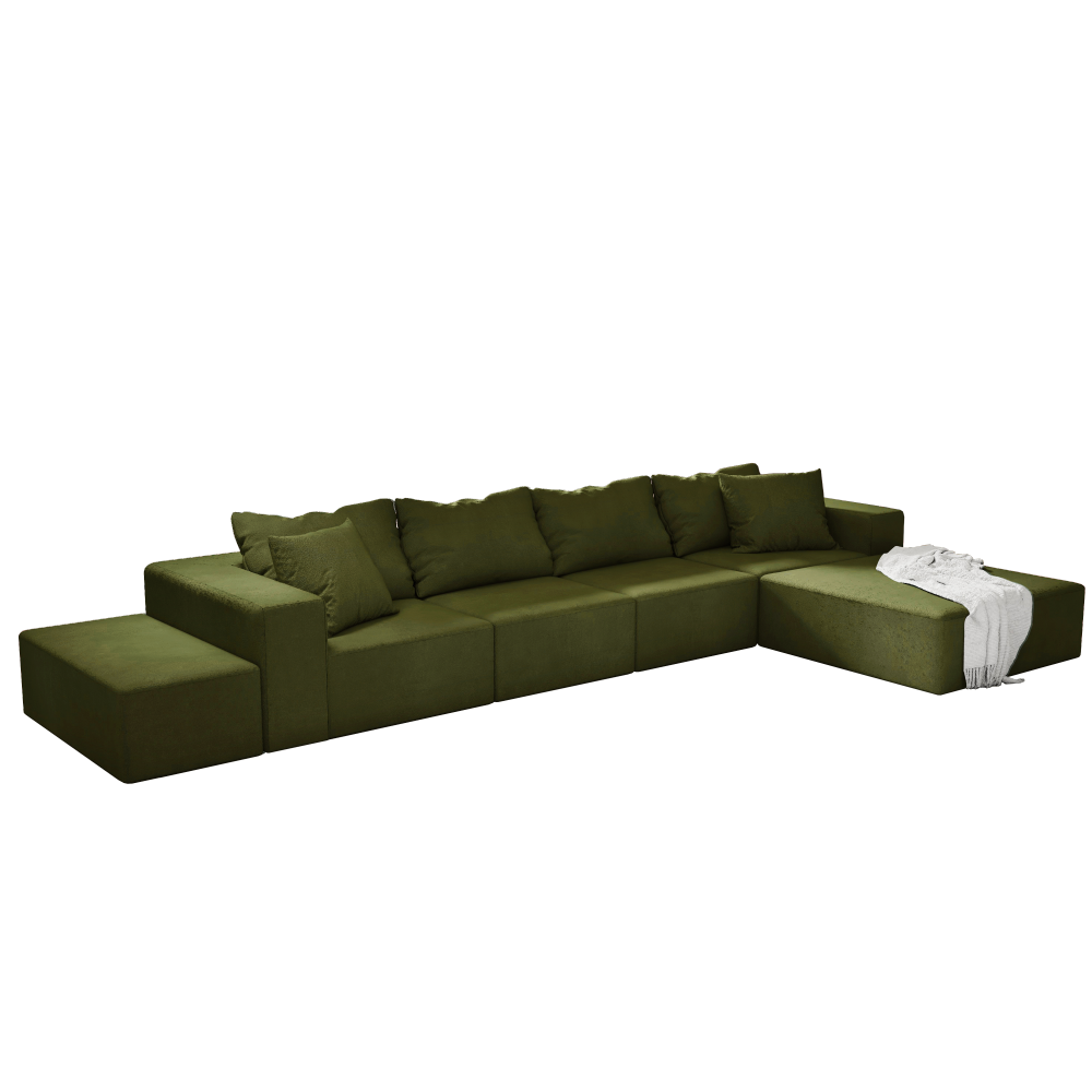 Modern Chenille L-Shaped Sectional Sofa Set with Ottoman, Modular 132" Green Upholstered Couch for Living Room
