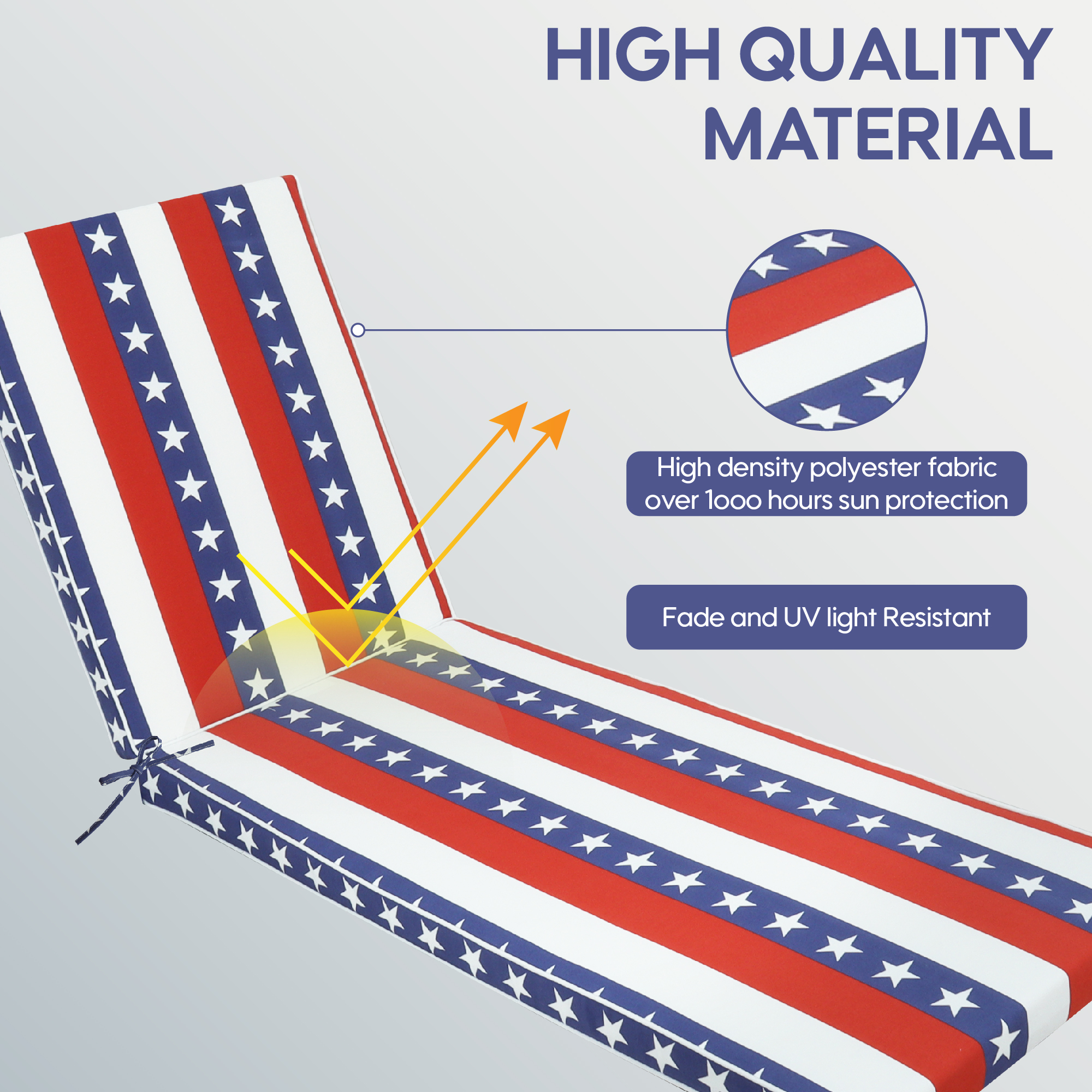 2PCS Set Patriotic Flag Outdoor Chaise Lounge Cushions - UV Resistant Patio Seat Pads with Adjustable Ties