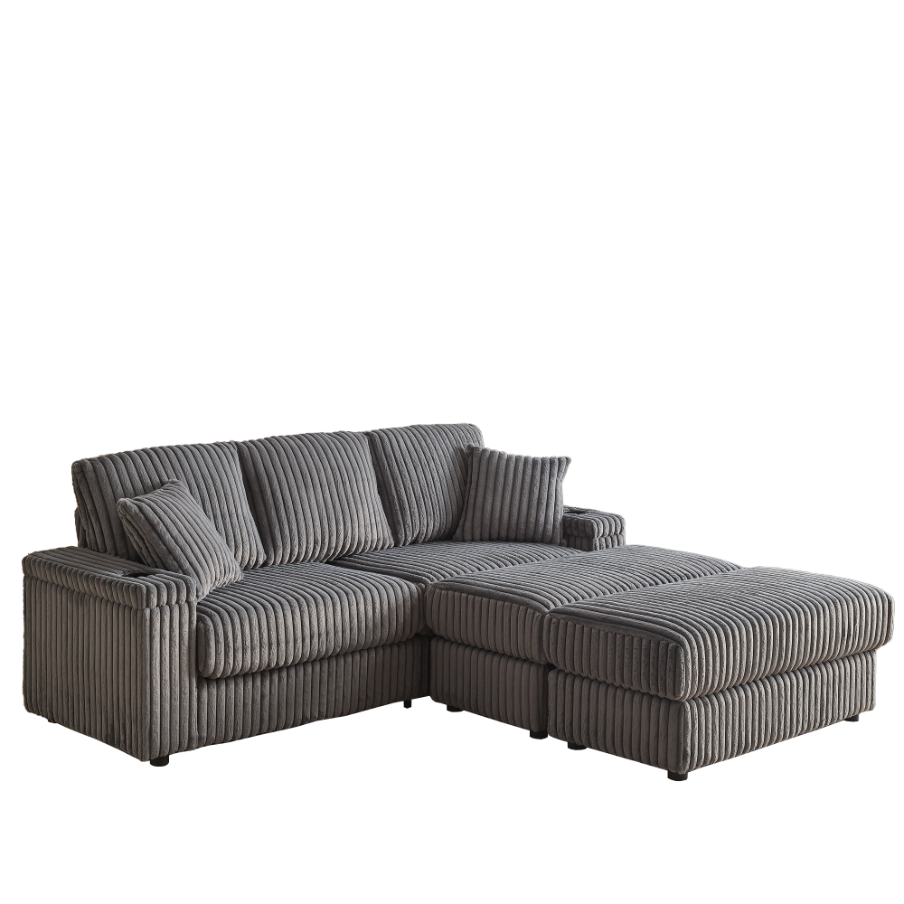 84" Corduroy Sectional Sofa with Ottoman & Storage, Deep Seat 3-Seater Couch for Living Room