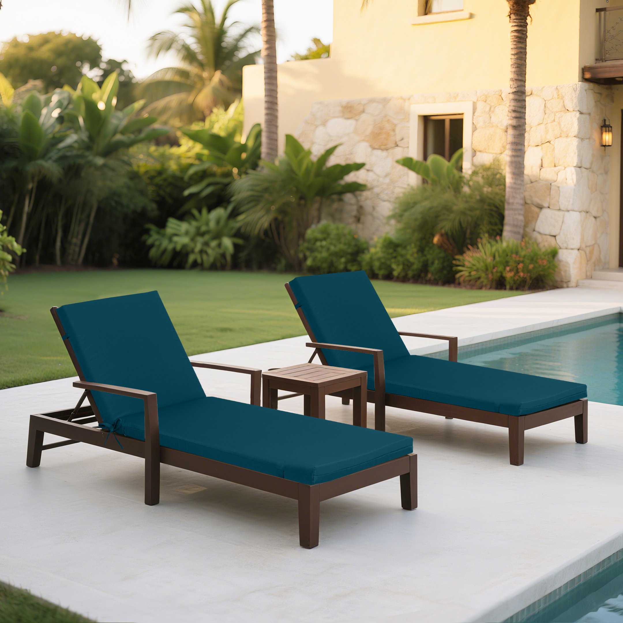 Lake Blue 2-Piece Outdoor Chaise Lounge Cushion Set - UV Resistant Replacement Patio Furniture Seat Pads with Adjustable Straps