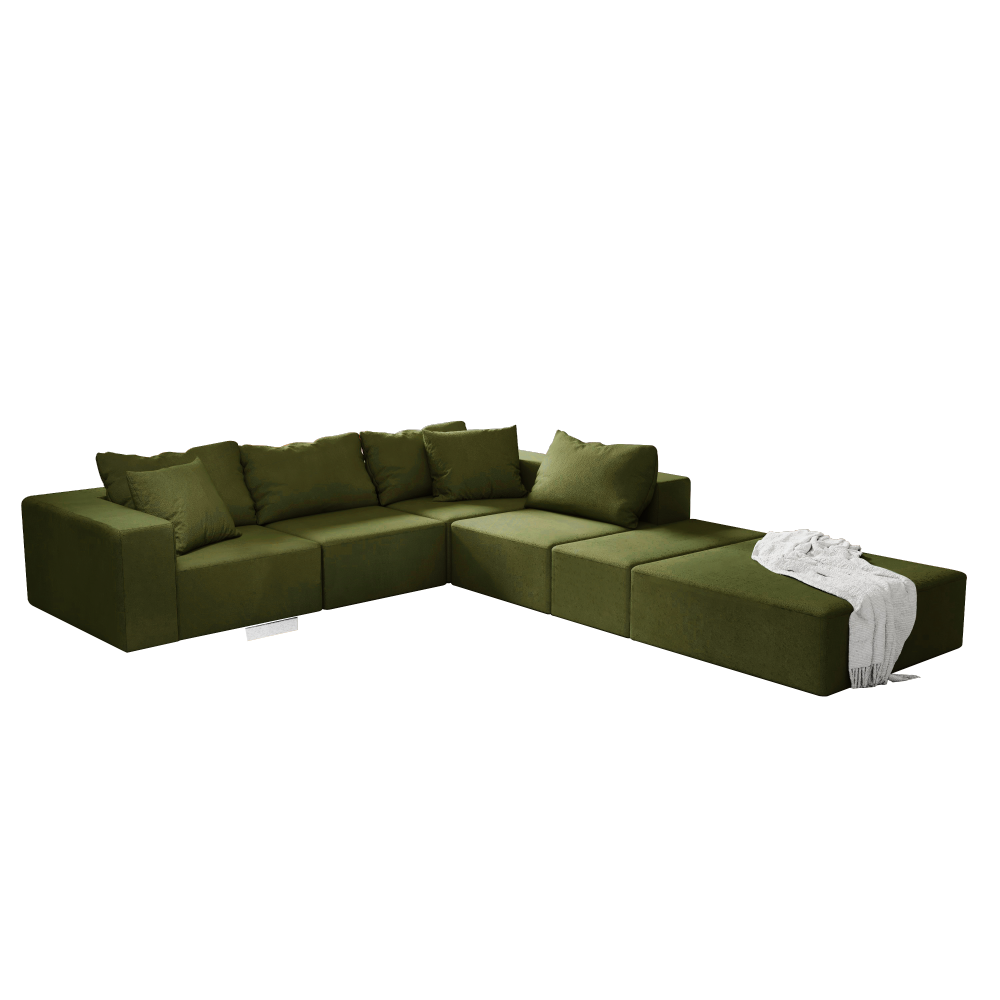 Modern Chenille L-Shaped Sectional Sofa Set with Ottoman, Modular 132" Green Upholstered Couch for Living Room
