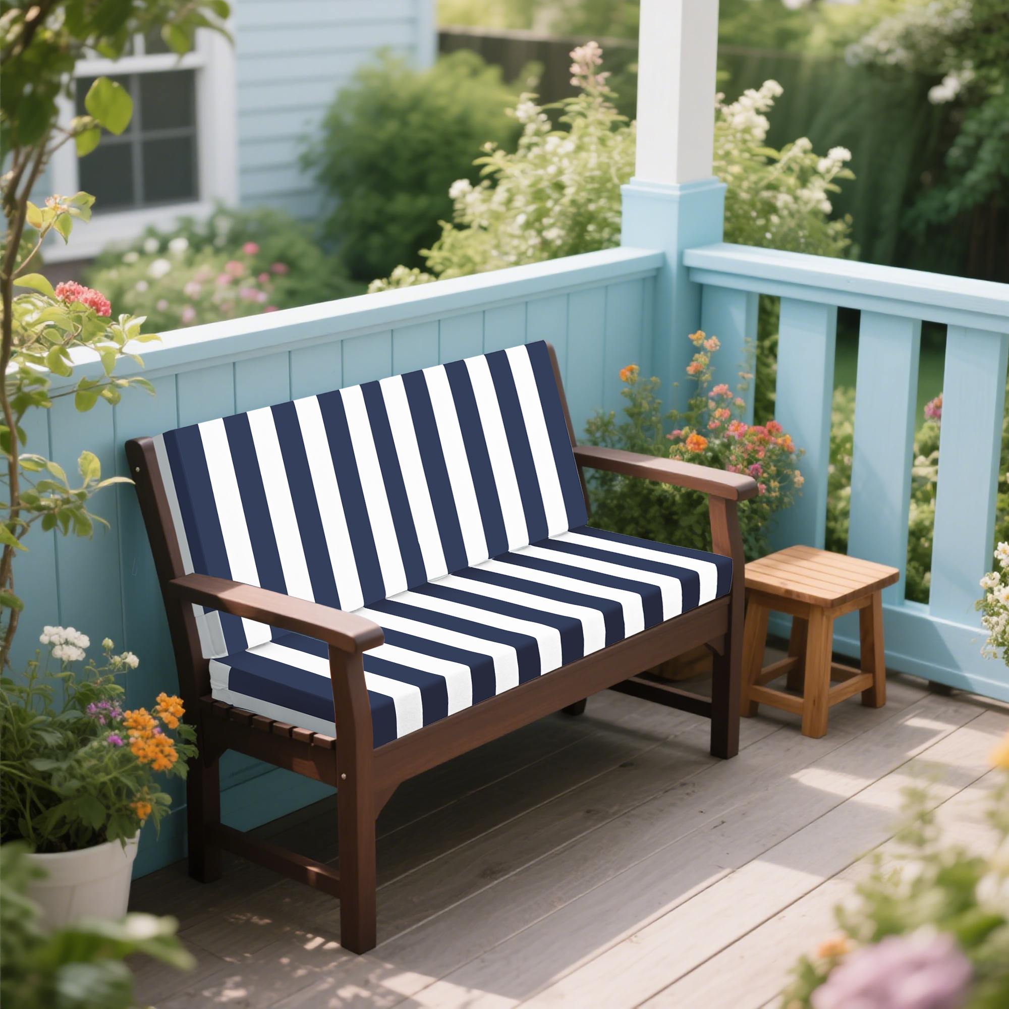 Navy & White Striped Outdoor Deep Seat Cushions - Waterproof Patio Furniture Replacement Set with High Resilience Foam