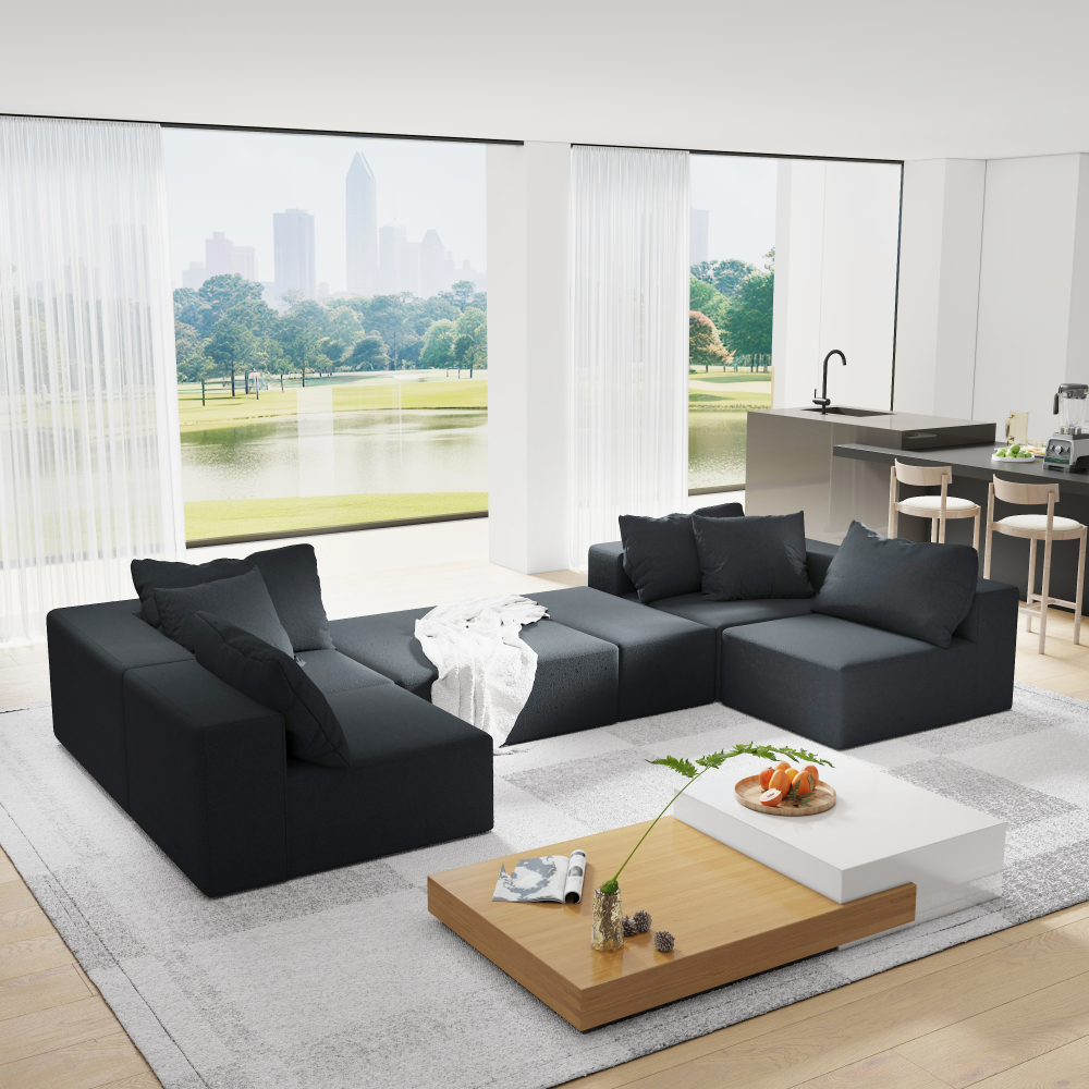 Modern Chenille L-Shaped Sectional Sofa with Ottoman - Modular Black Living Room Couch Set with Pillows