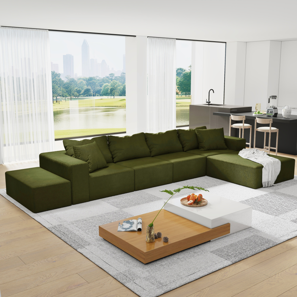 Modern Chenille L-Shaped Sectional Sofa Set with Ottoman, Modular 132" Green Upholstered Couch for Living Room