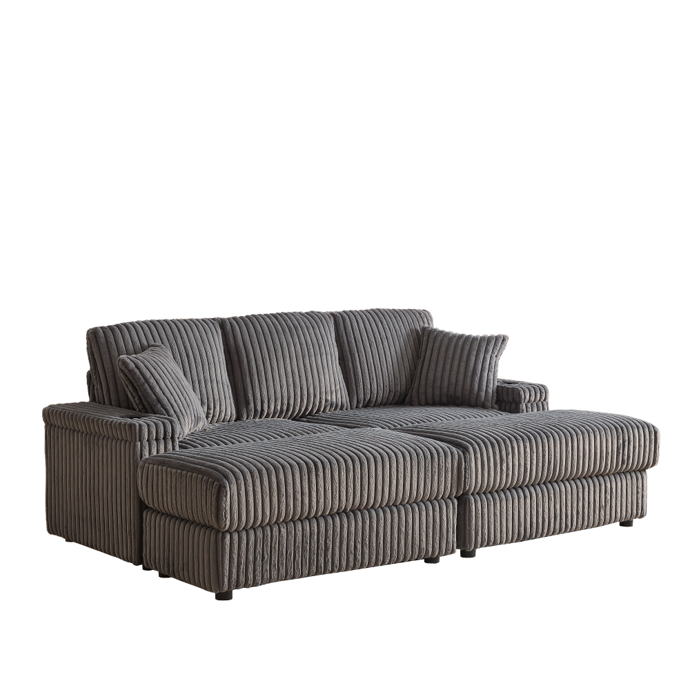 84" Corduroy Sectional Sofa with Ottoman & Storage, Deep Seat 3-Seater Couch for Living Room