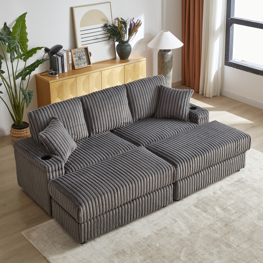 84" Corduroy Sectional Sofa with Ottoman & Storage, Deep Seat 3-Seater Couch for Living Room