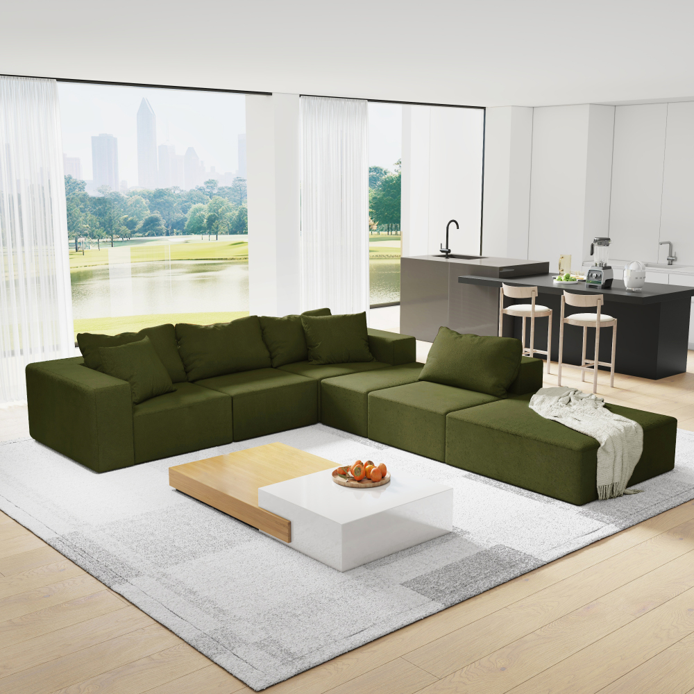 Modern Chenille L-Shaped Sectional Sofa Set with Ottoman, Modular 132" Green Upholstered Couch for Living Room
