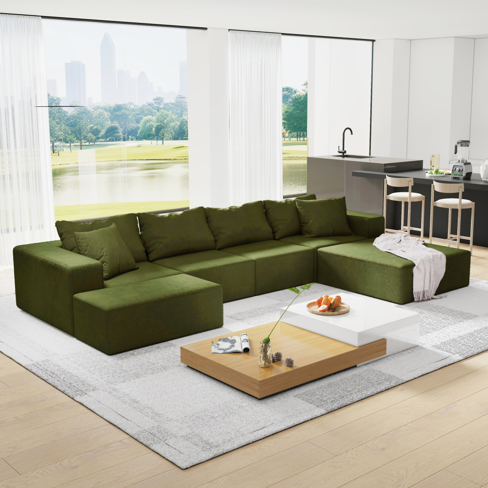 Modern Chenille L-Shaped Sectional Sofa Set with Ottoman, Modular 132" Green Upholstered Couch for Living Room