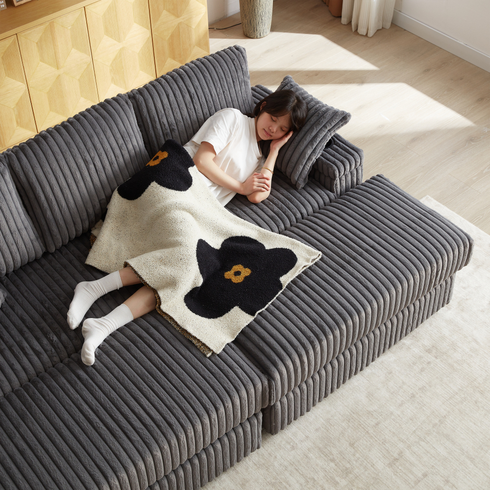 84" Corduroy Sectional Sofa with Ottoman & Storage, Deep Seat 3-Seater Couch for Living Room