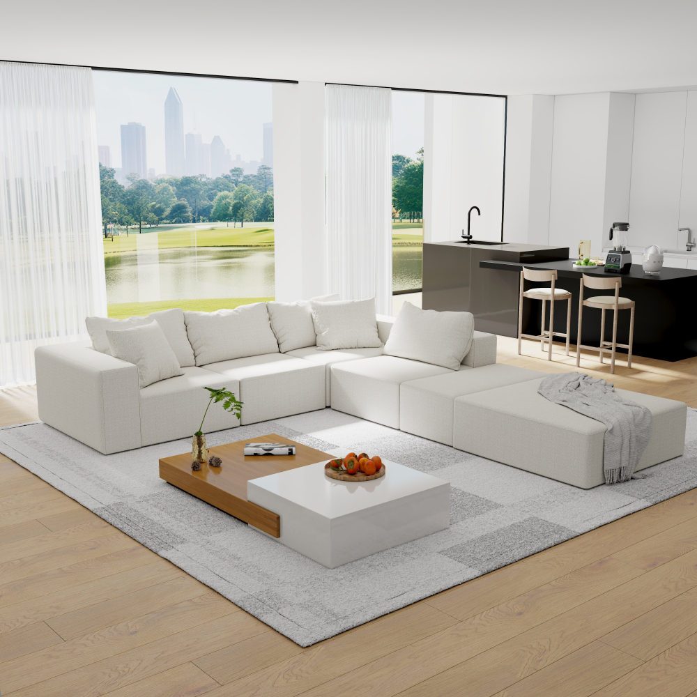 Modern Modular Chenille Sectional Sofa Set, 132" L-Shaped Living Room Couch with 6 Pillows & No Assembly Required