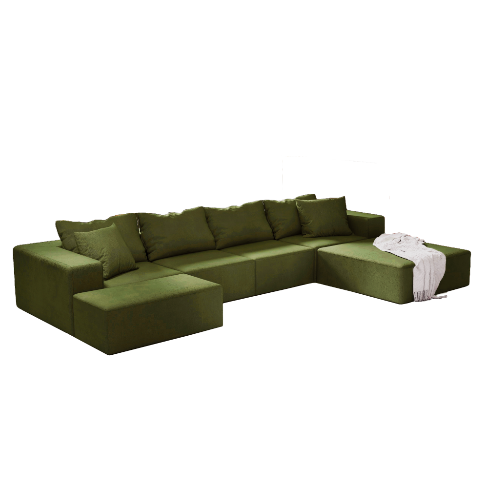 Modern Chenille L-Shaped Sectional Sofa Set with Ottoman, Modular 132" Green Upholstered Couch for Living Room