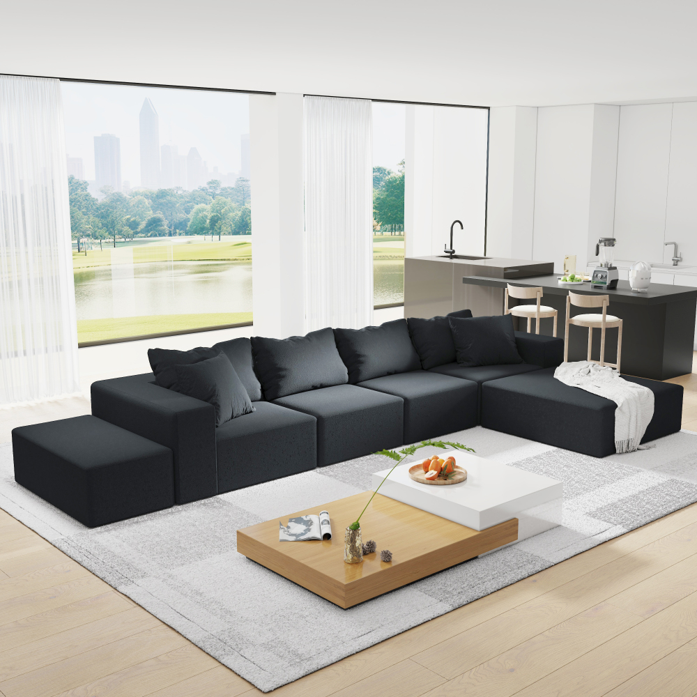 Modern Chenille L-Shaped Sectional Sofa with Ottoman - Modular Black Living Room Couch Set with Pillows