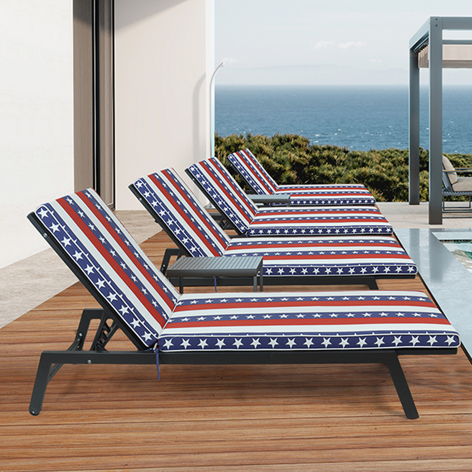 2PCS Set Patriotic Flag Outdoor Chaise Lounge Cushions - UV Resistant Patio Seat Pads with Adjustable Ties