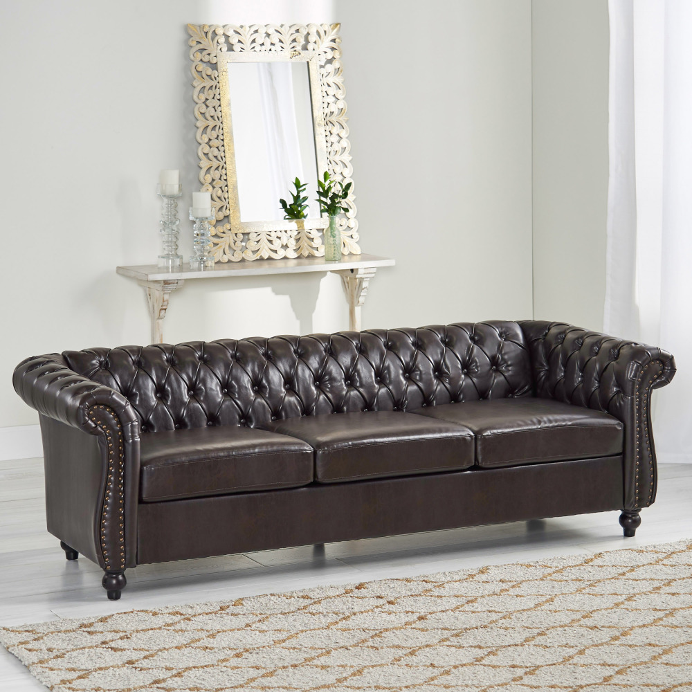 Classic Chesterfield Sofa with Deep Button Tufting, Nailhead Trim & Rolled Arms - 3-Seater Brown PU Leather Couch for Living Room