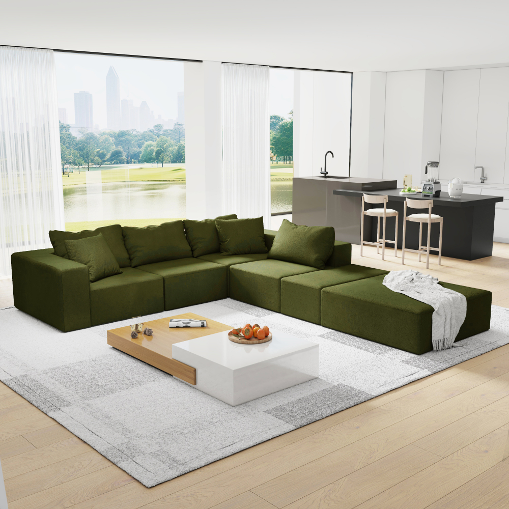 Modern Chenille L-Shaped Sectional Sofa Set with Ottoman, Modular 132" Green Upholstered Couch for Living Room