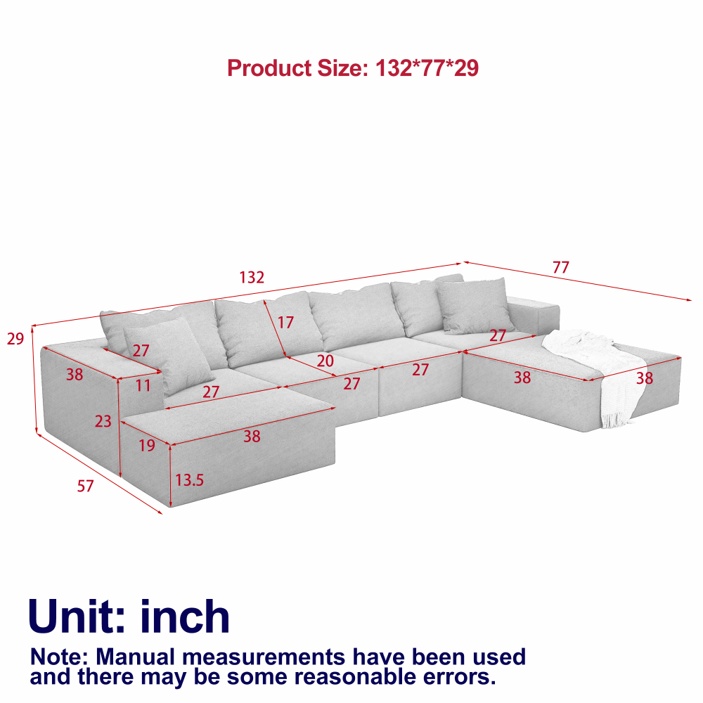Modern Chenille L-Shaped Sectional Sofa Set with Ottoman, Modular 132" Green Upholstered Couch for Living Room
