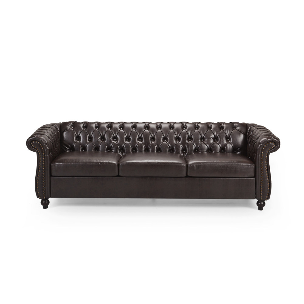 Classic Chesterfield Sofa with Deep Button Tufting, Nailhead Trim & Rolled Arms - 3-Seater Brown PU Leather Couch for Living Room